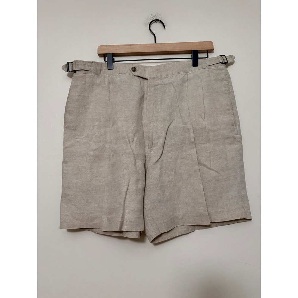 Berle Tailored Mens Pleated Linen Shorts Beige Side Tab Made in USA 36 Waist 7in